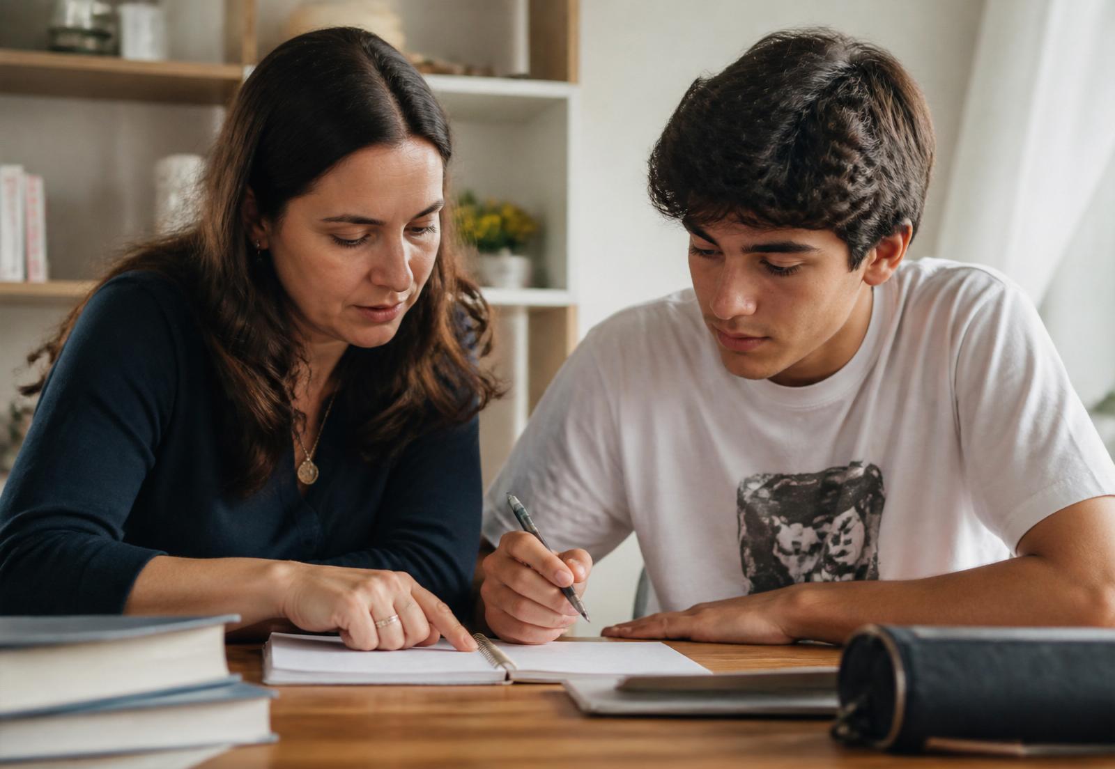 Professora a acompanhar individualmente um aluno, num momento real de estudo