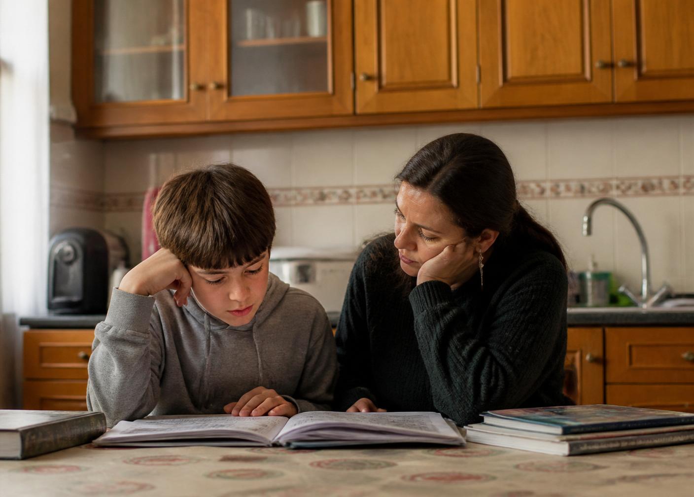 Mãe e filho a estudar juntos em casa